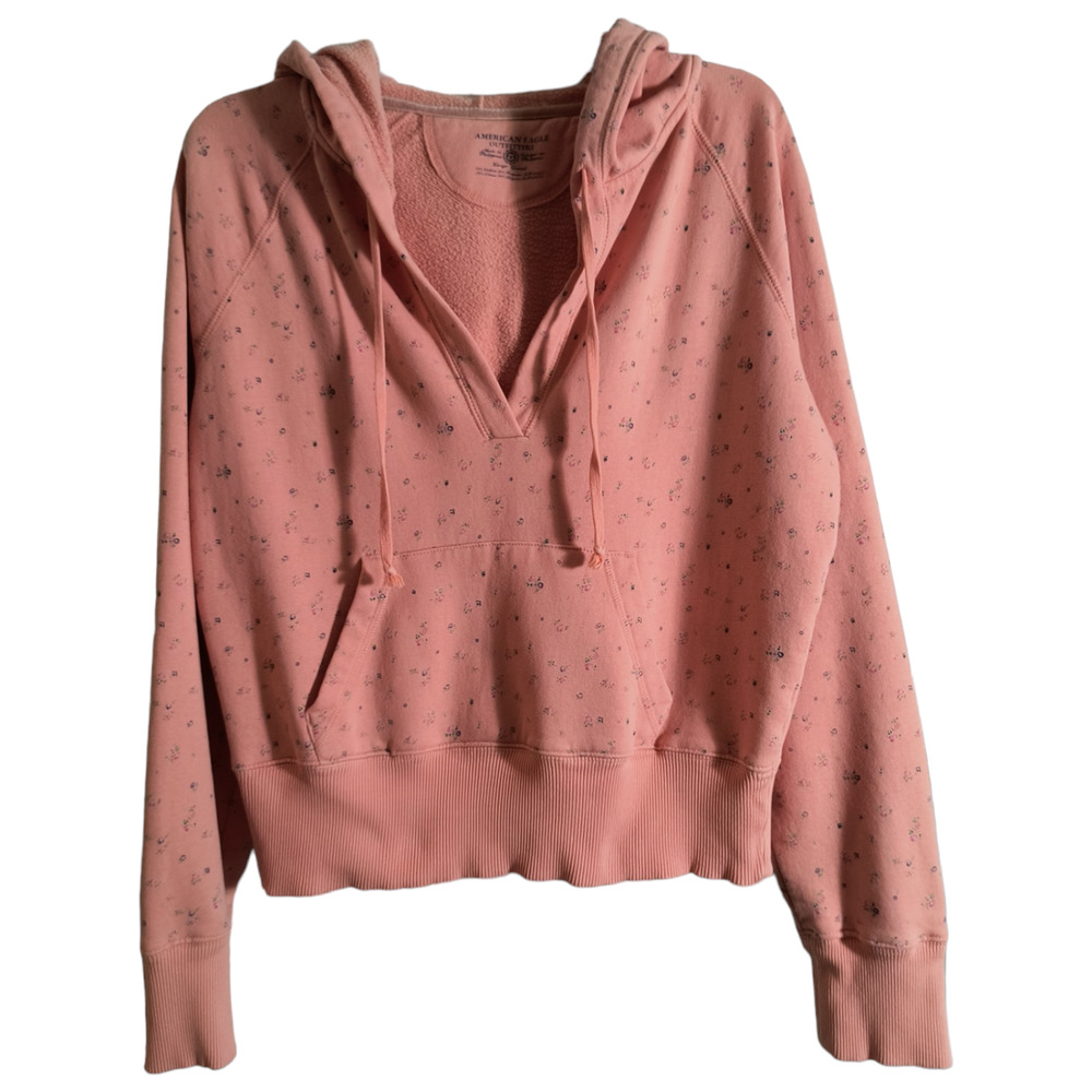AEO Hoodie Sweatshirt Women's Size L Pink Ditzy Floral Cropped Long Sleeve